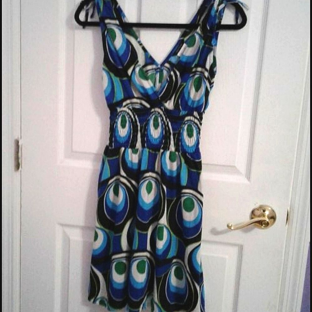 Retro Y2K Colorful  Peacock Print Smocking Flare Mini Dress M
